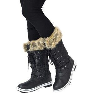 Ausland Women's Black Quilted Fur Lined Mid Calf Winter Snow Boots Size 6.5